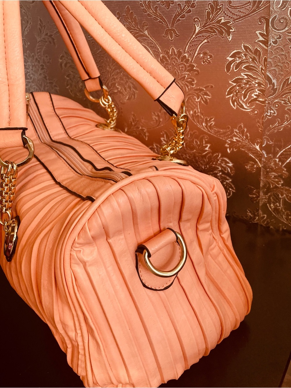 Pleated Coral Satchel Handbag with Gold Hardware - Picture 7 of 7